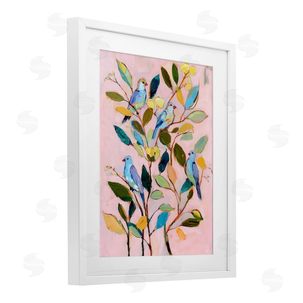 Sisi and Seb Birds Between Leaves Impression White Framed Print Under Glass with Matting Wall Art