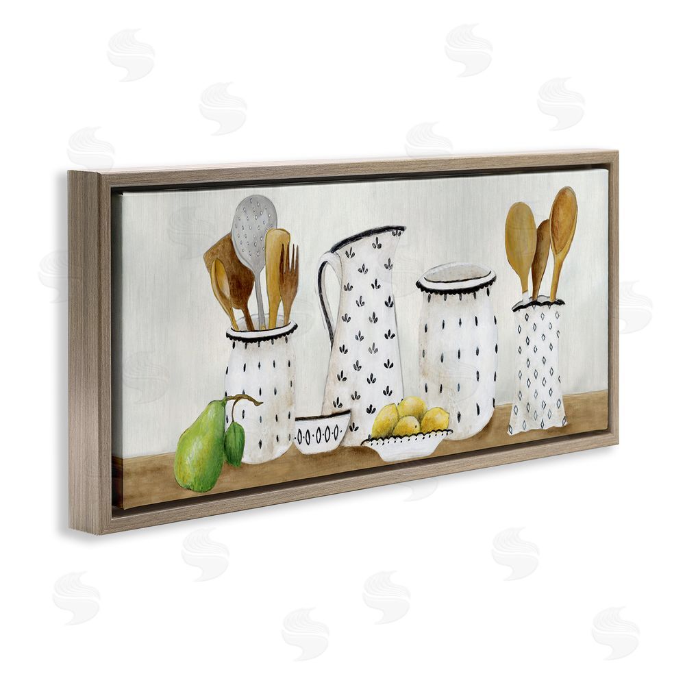 Janet Tava Kitchen Jugs & Utensils Brown Floating Frame Canvas Wall Art Print