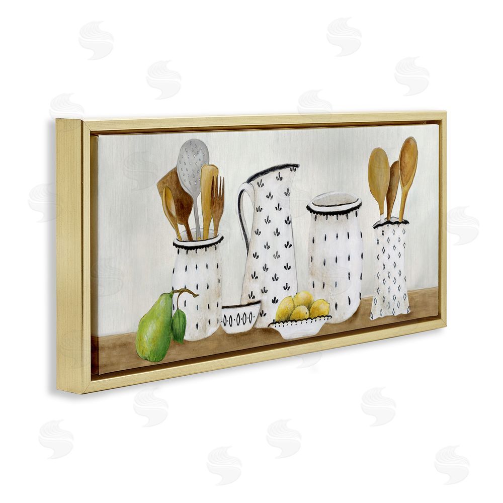 Janet Tava Kitchen Jugs & Utensils Gold Floating Frame Canvas Wall Art Print
