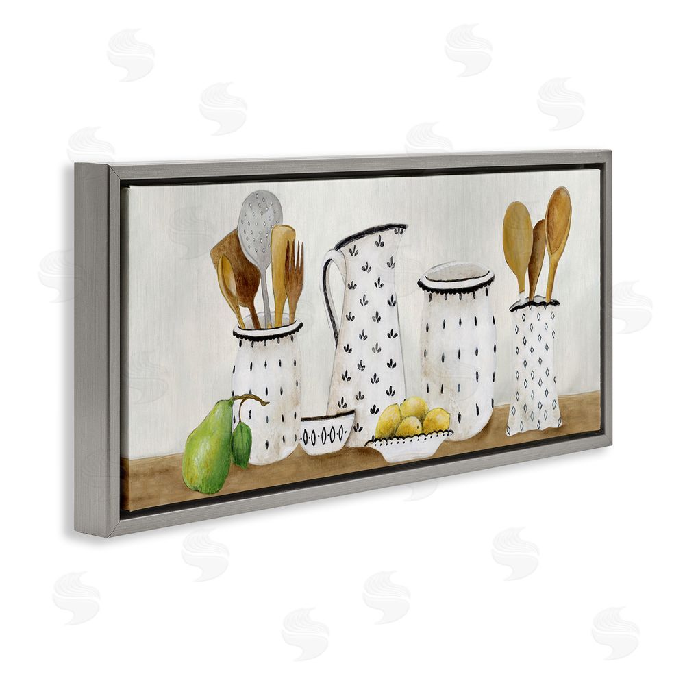 Janet Tava Kitchen Jugs & Utensils Gray Floating Frame Canvas Wall Art Print