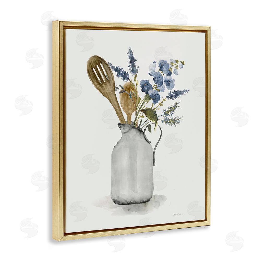 Carol Robinson Vintage Pitcher with Utensils Gold Floating Frame Canvas Wall Art Print
