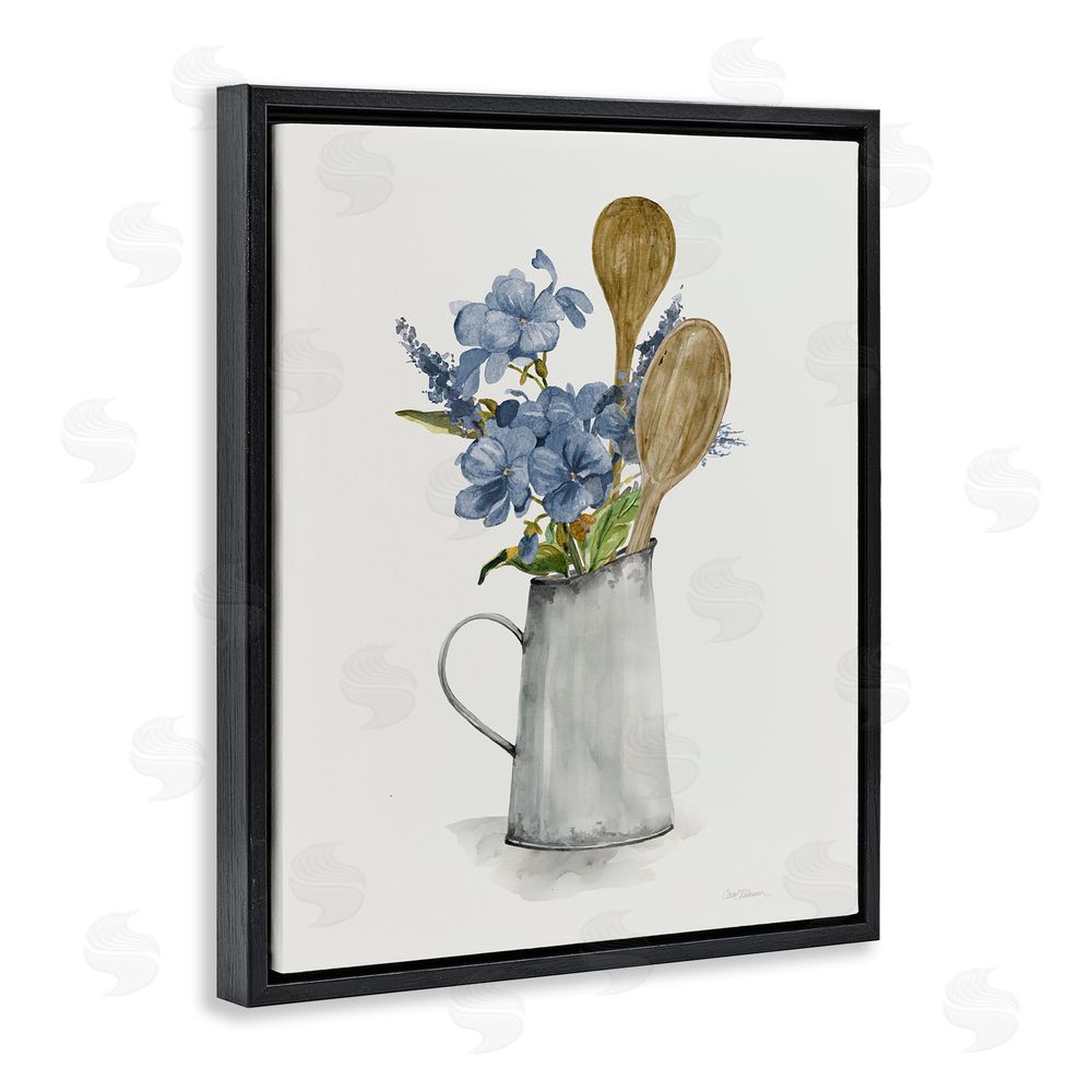 Carol Robinson Kitchen Spoons & Blue Blooms Black Floating Frame Canvas Wall Art Print