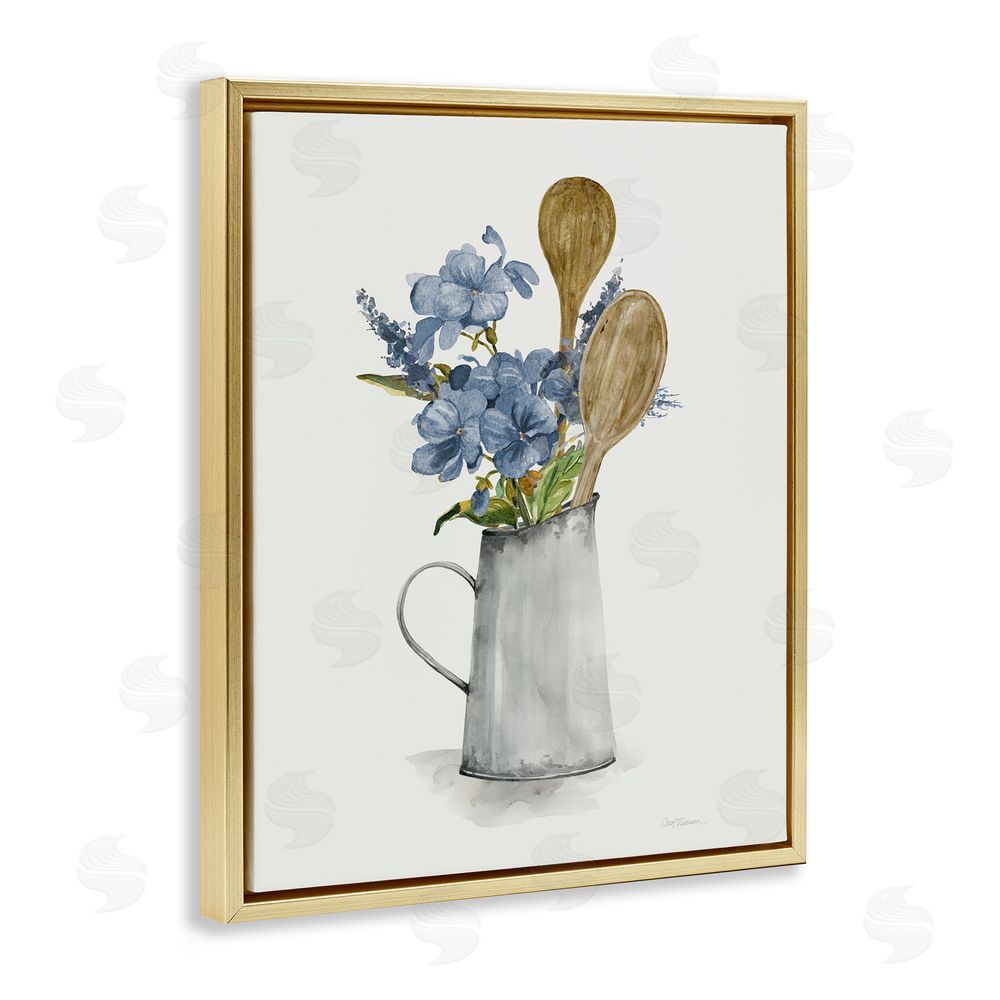 Carol Robinson Kitchen Spoons & Blue Blooms Gold Floating Frame Canvas Wall Art Print