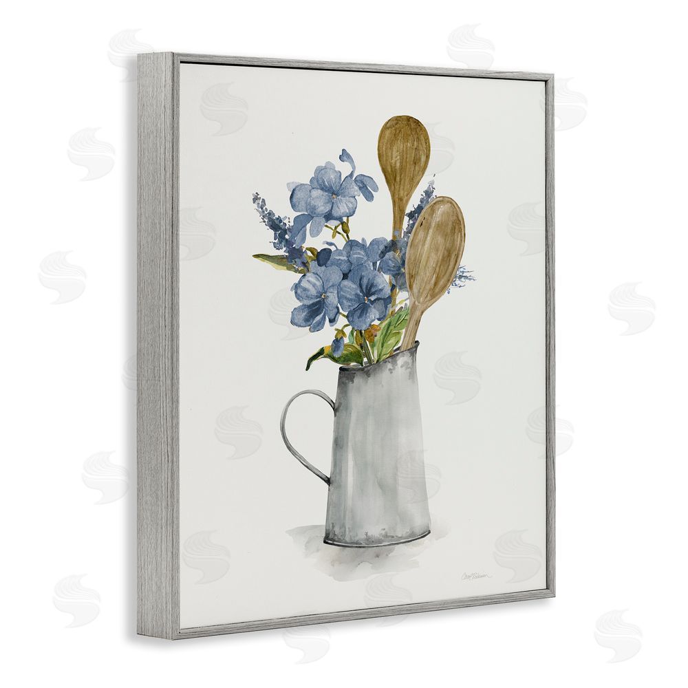Carol Robinson Kitchen Spoons & Blue Blooms Gray Framed Giclee Wall Art Print
