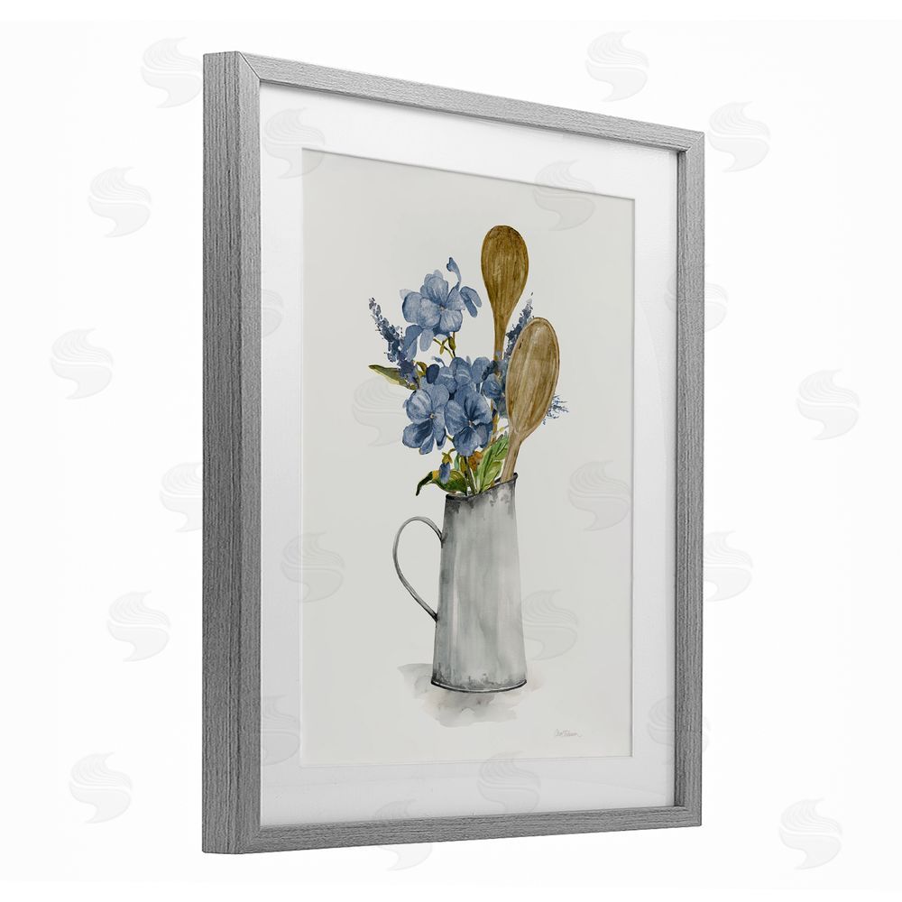 Carol Robinson Kitchen Spoons & Blue Blooms Gray Framed Print Under Glass Wall Art