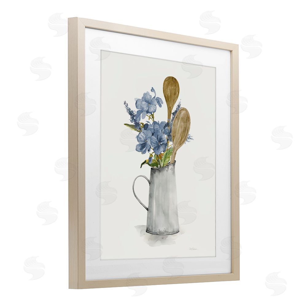 Carol Robinson Kitchen Spoons & Blue Blooms Brown Framed Print Under Glass Wall Art