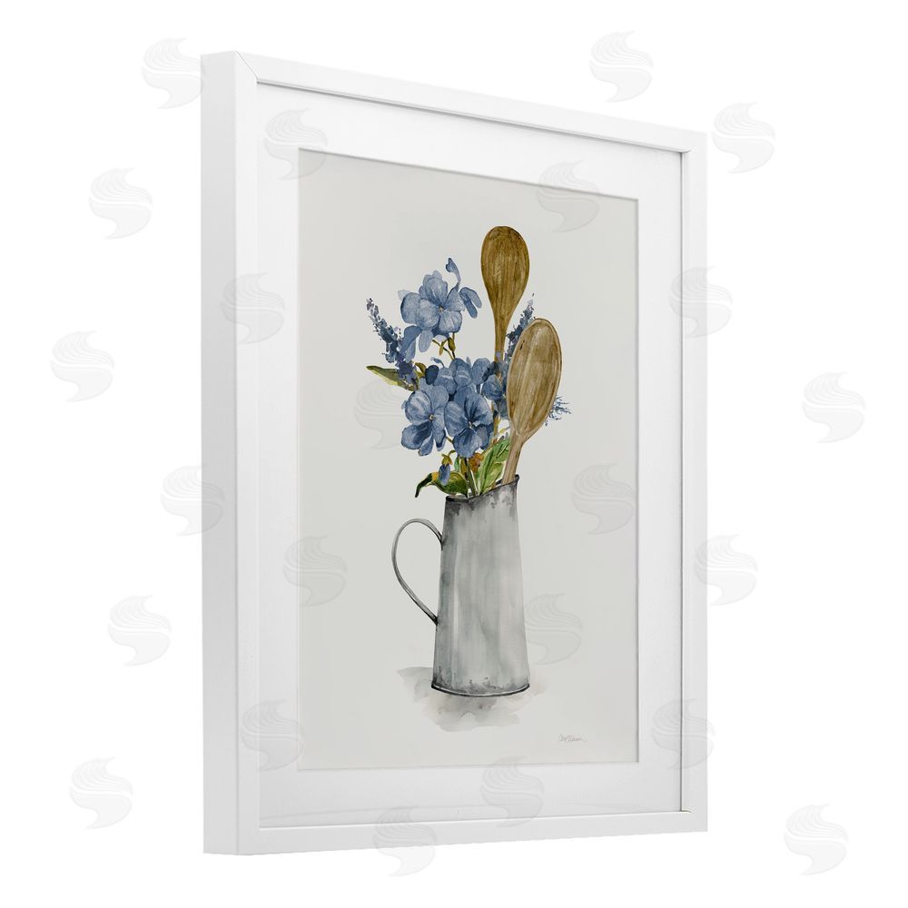 Carol Robinson Kitchen Spoons & Blue Blooms White Framed Print Under Glass Wall Art
