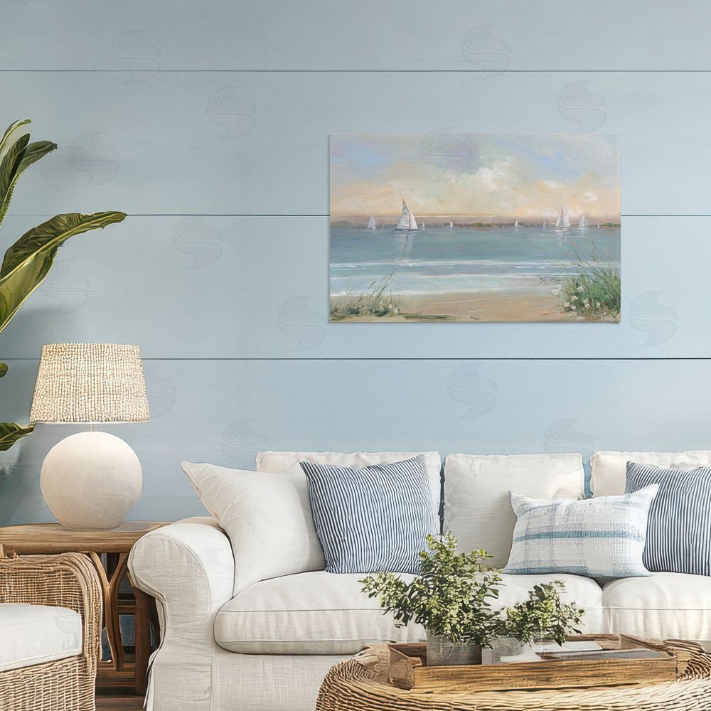 Sally Swatland Coastal Sailing At Dawn Stretched Canvas Wall Art in Room