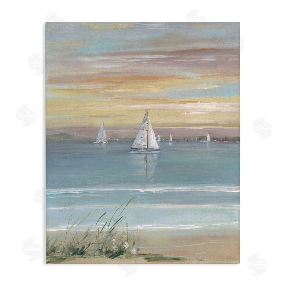 Sally Swatland Coastal Sailboats At Twilight Stretched Canvas Wall Art Print