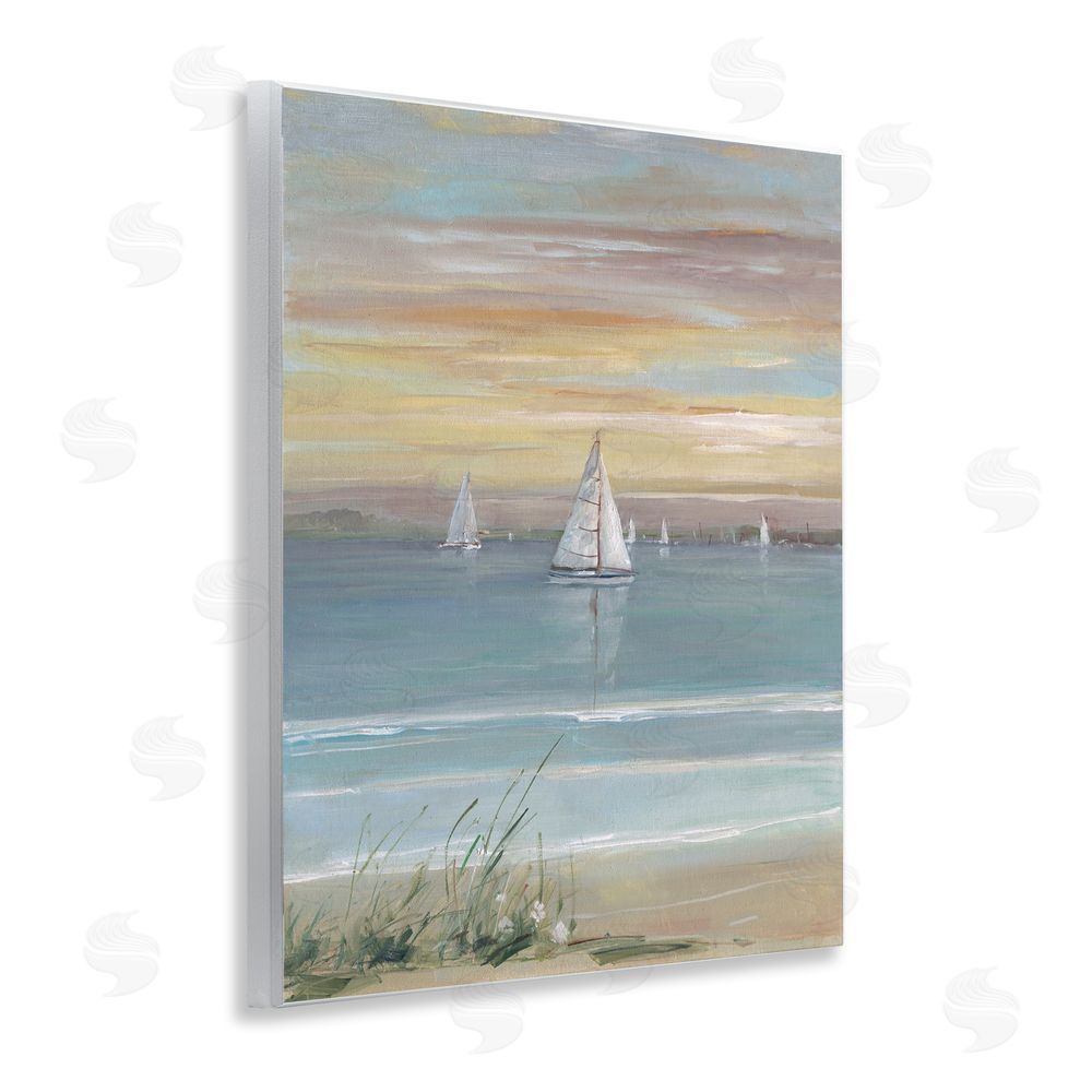 Sally Swatland Coastal Sailboats At Twilight Wooden Wall Plaque Art Print