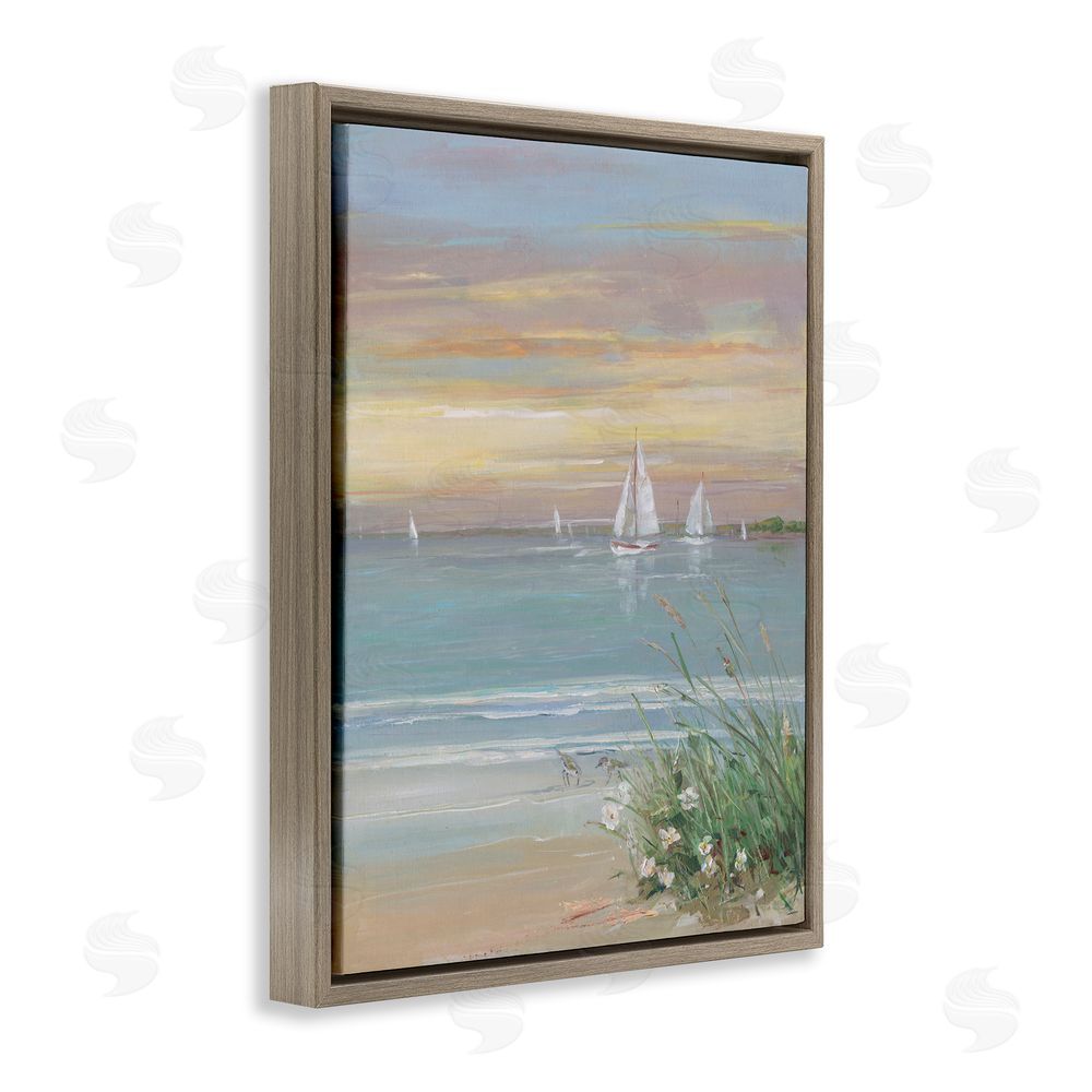 Sally Swatland Sailboats Beyond Sandy Shore Brown Floating Frame Canvas Wall Art Print
