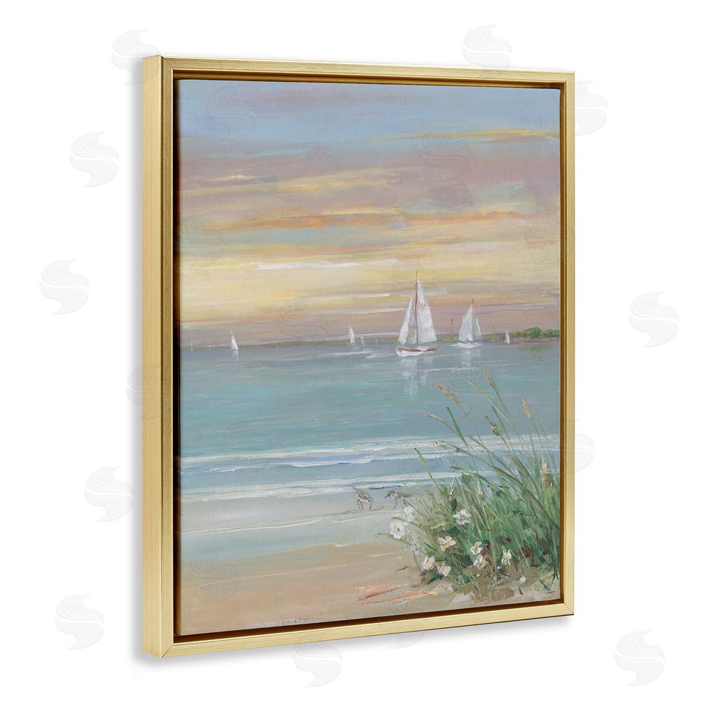 Sally Swatland Sailboats Beyond Sandy Shore Gold Floating Frame Canvas Wall Art Print