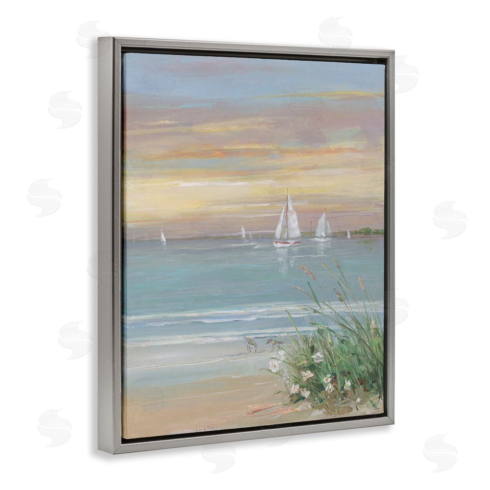Sally Swatland Sailboats Beyond Sandy Shore Gray Floating Frame Canvas Wall Art Print
