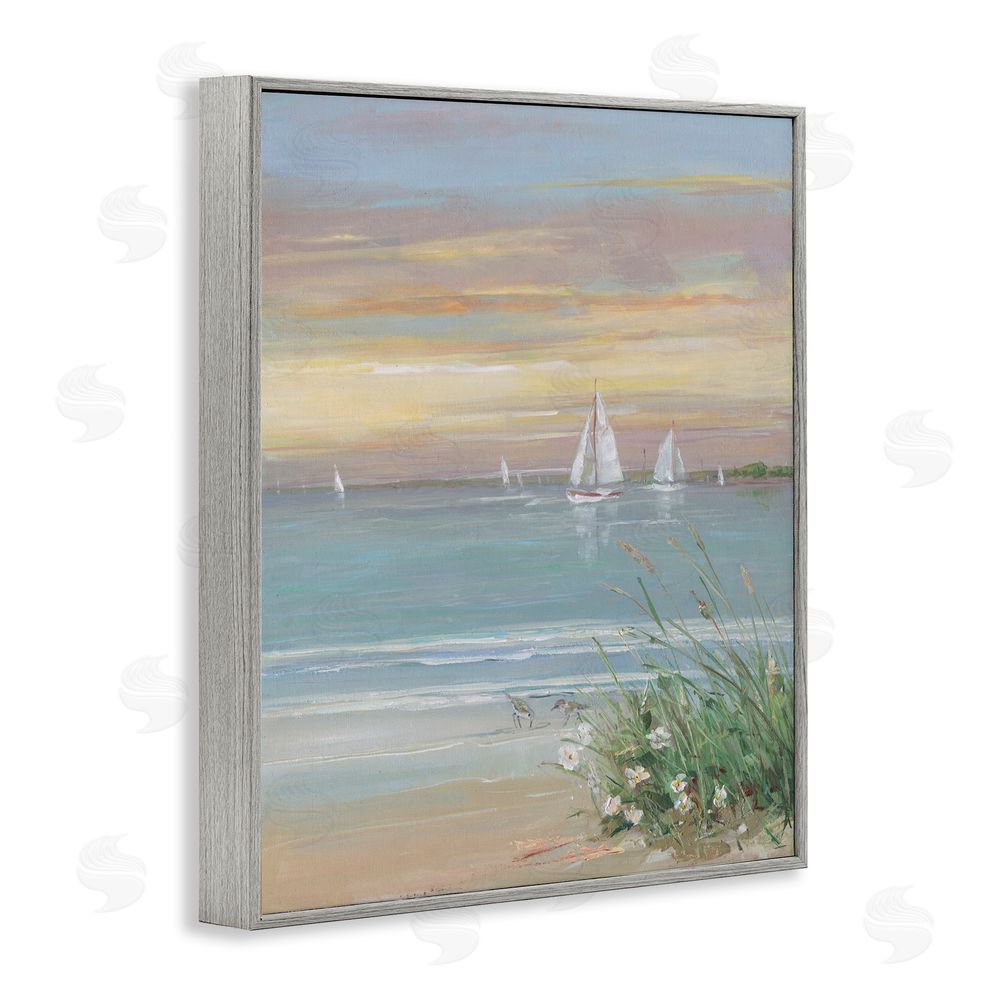 Sally Swatland Sailboats Beyond Sandy Shore Gray Framed Giclee Wall Art Print
