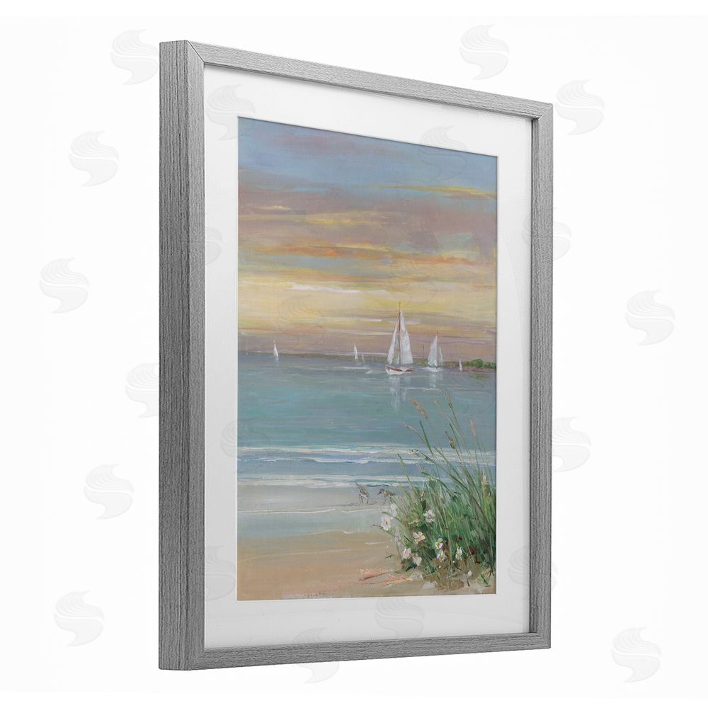 Sally Swatland Sailboats Beyond Sandy Shore Gray Framed Print Under Glass Wall Art