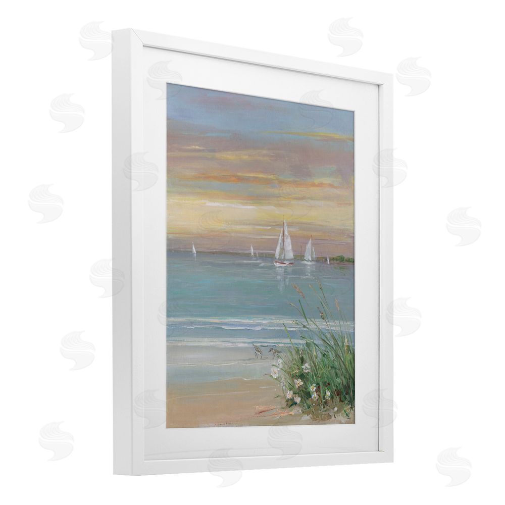 Sally Swatland Sailboats Beyond Sandy Shore White Framed Print Under Glass Wall Art