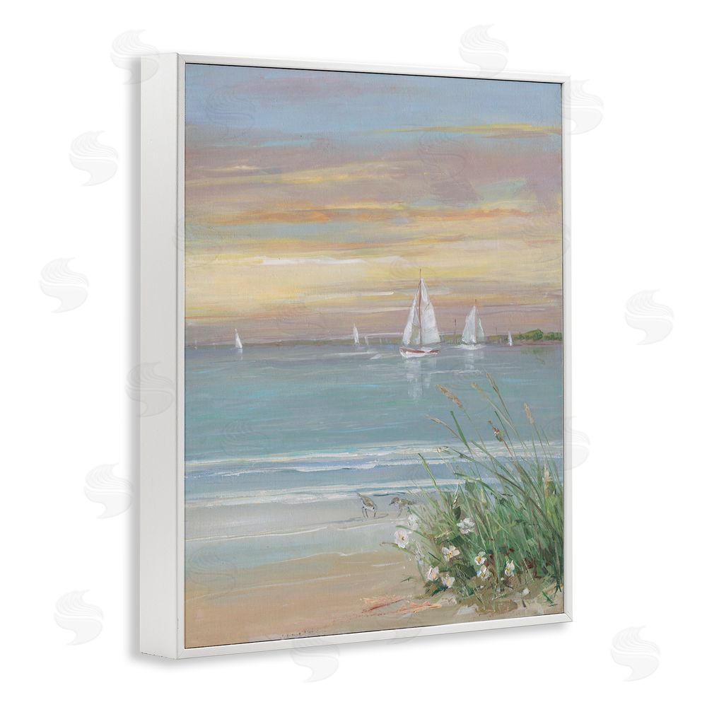 Sally Swatland Sailboats Beyond Sandy Shore White Framed Giclee Wall Art Print