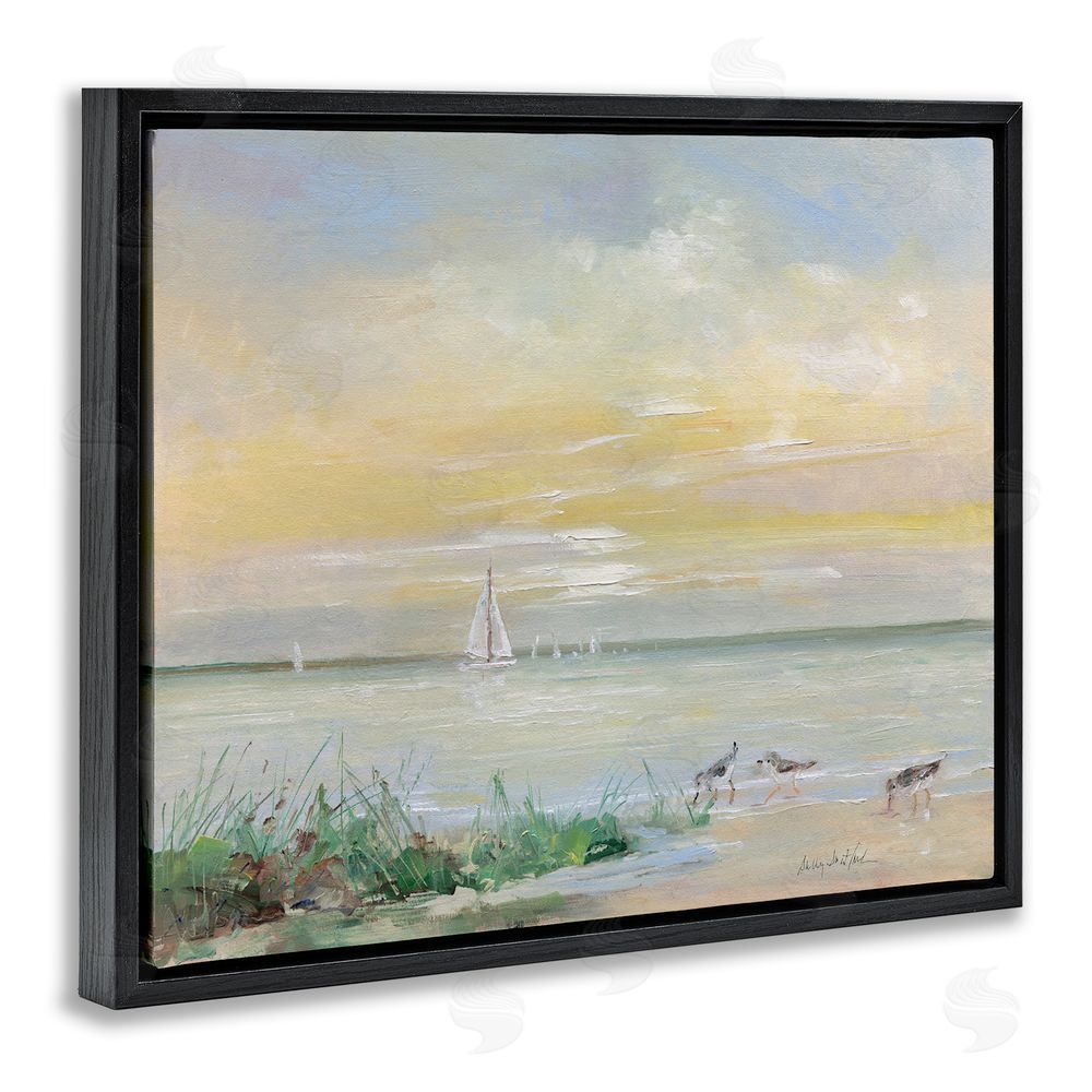 Sally Swatland Sailboats & Sanderlings Shore Black Floating Frame Canvas Wall Art Print
