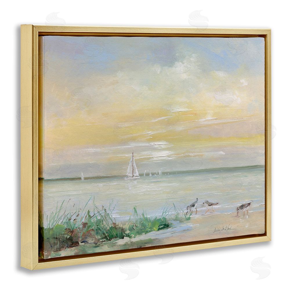 Sally Swatland Sailboats & Sanderlings Shore Gold Floating Frame Canvas Wall Art Print