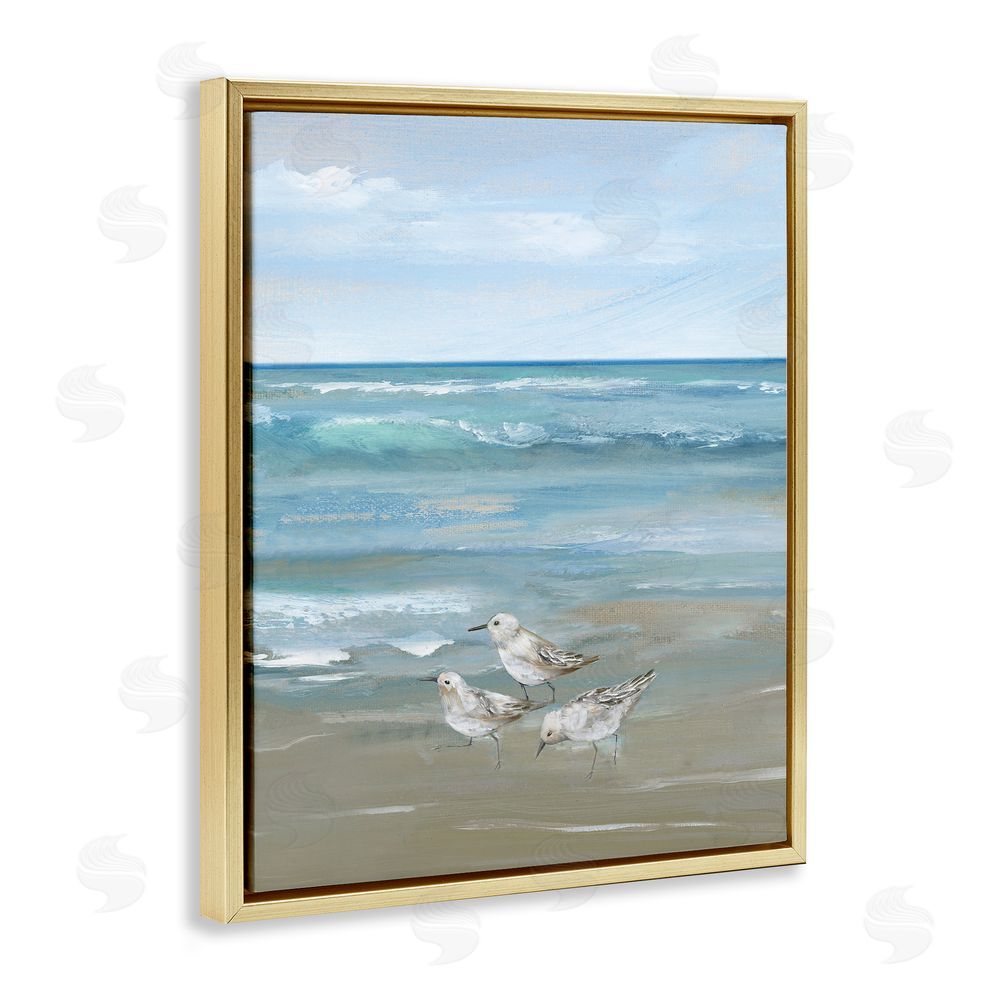 Nan Sanderlings on Gentle Waves Gold Floating Frame Canvas Wall Art Print