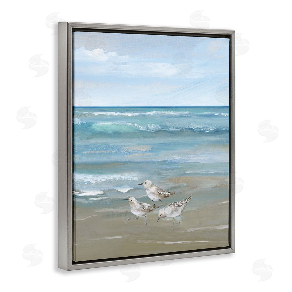 Nan Sanderlings on Gentle Waves Gray Floating Frame Canvas Wall Art Print