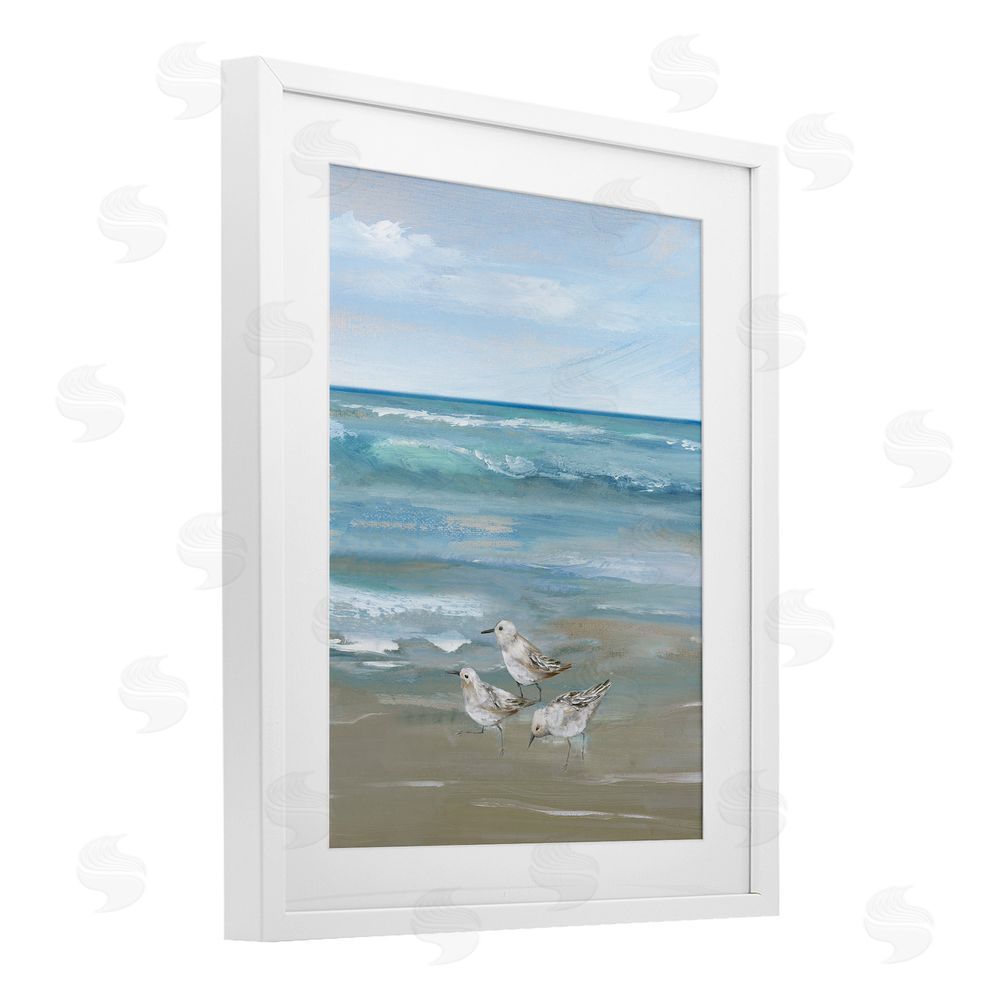 Nan Sanderlings on Gentle Waves White Framed Print Under Glass Wall Art