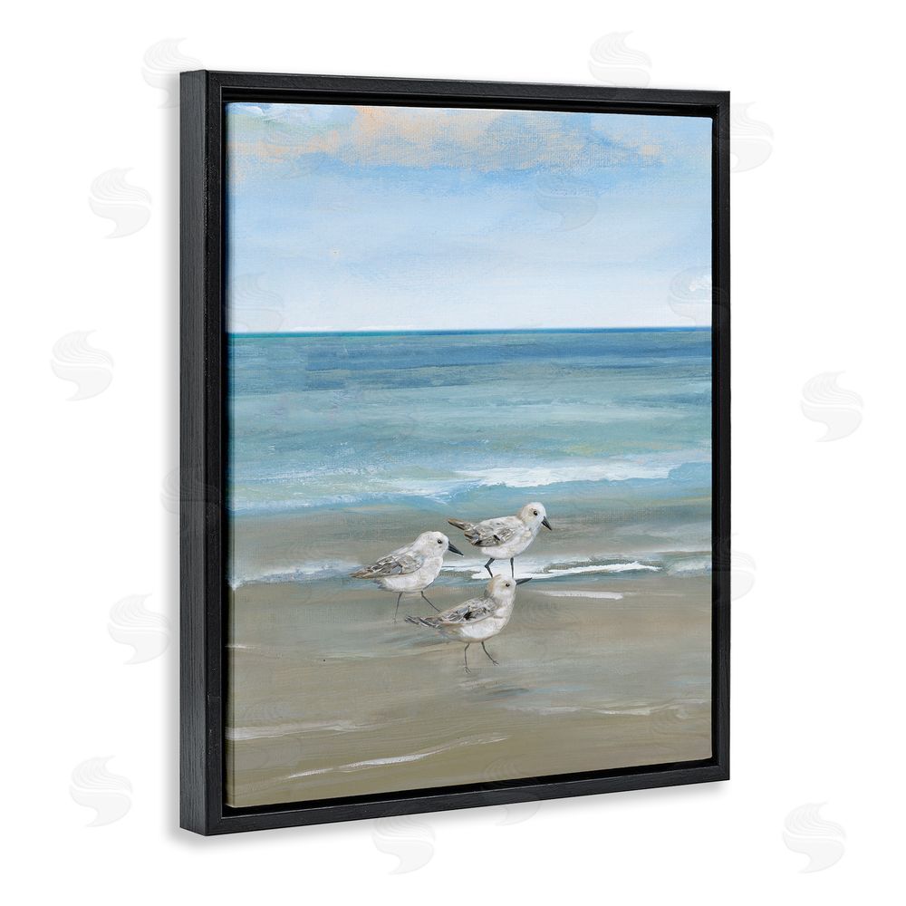 Nan Three Shorebirds & Gentle Waves Black Floating Frame Canvas Wall Art Print