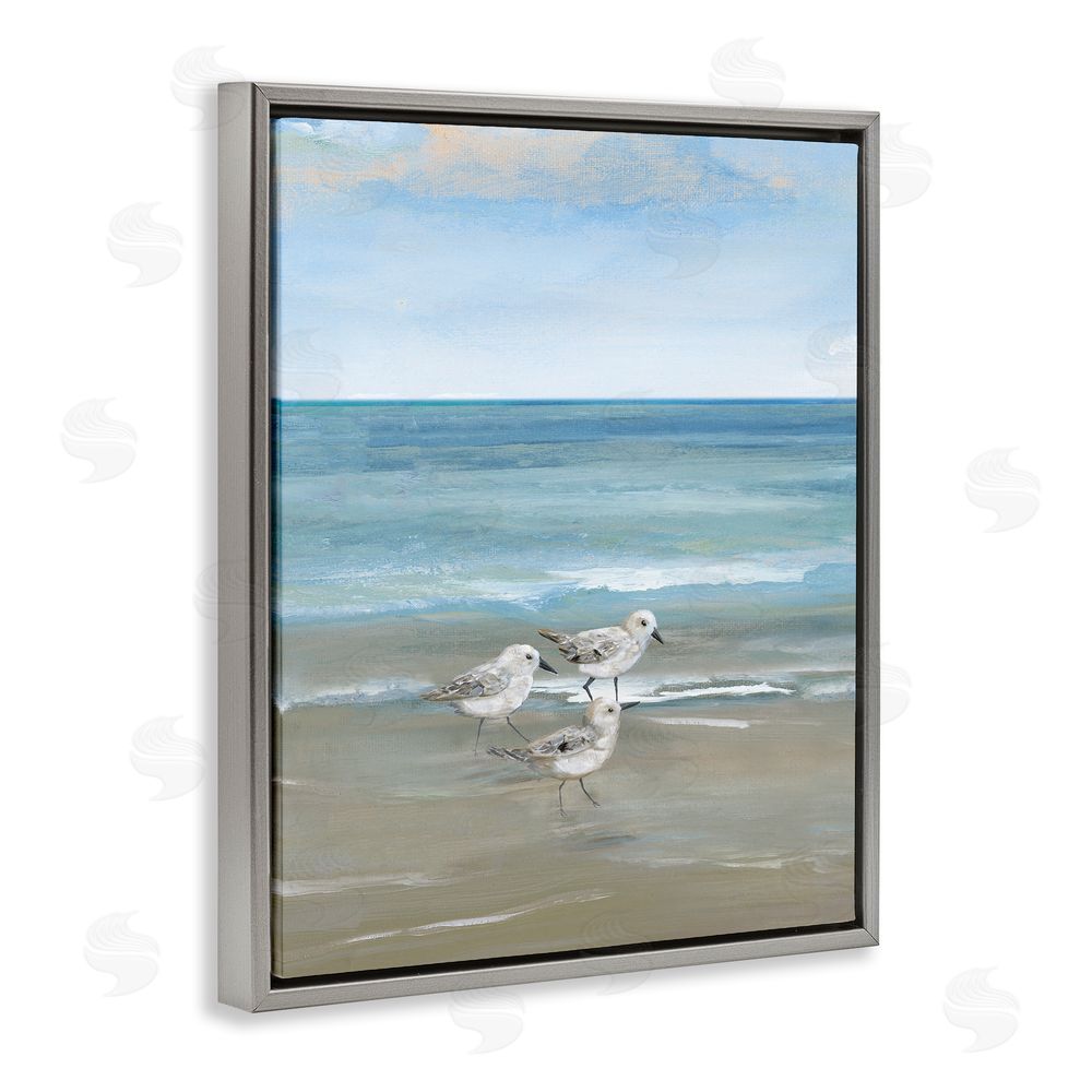 Nan Three Shorebirds & Gentle Waves Gray Floating Frame Canvas Wall Art Print
