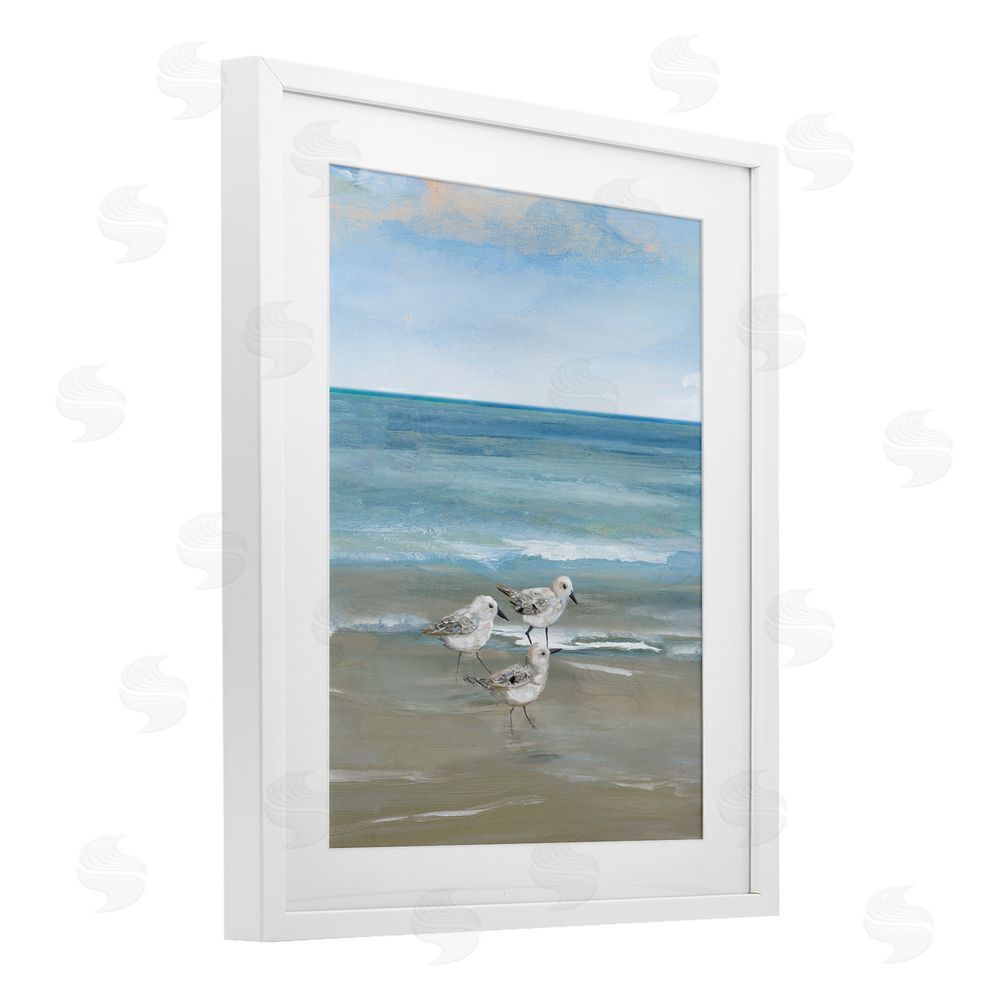 Nan Three Shorebirds & Gentle Waves White Framed Print Under Glass Wall Art