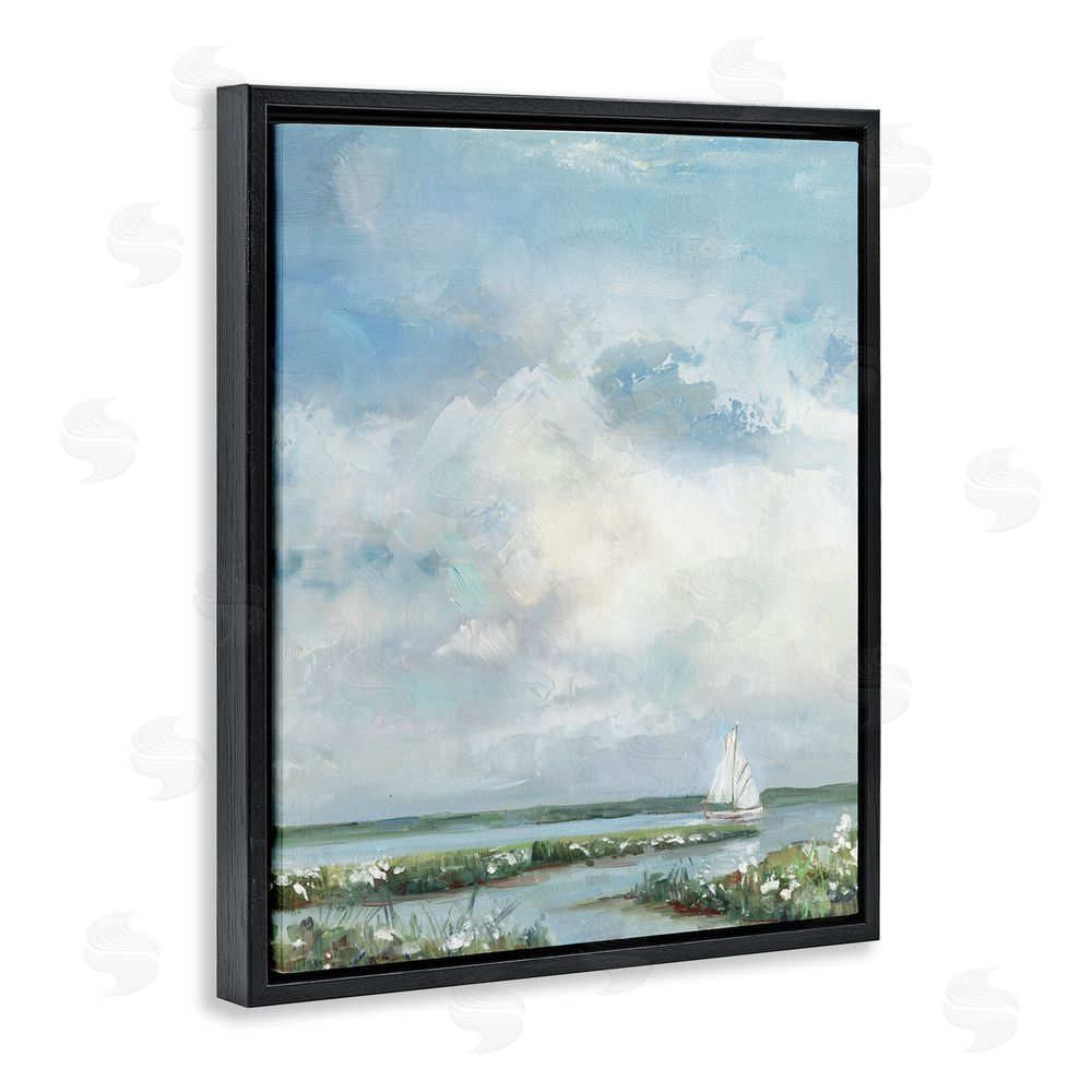 Sally Swatland Sailboat On Summer Marsh Black Floating Frame Canvas Wall Art Print