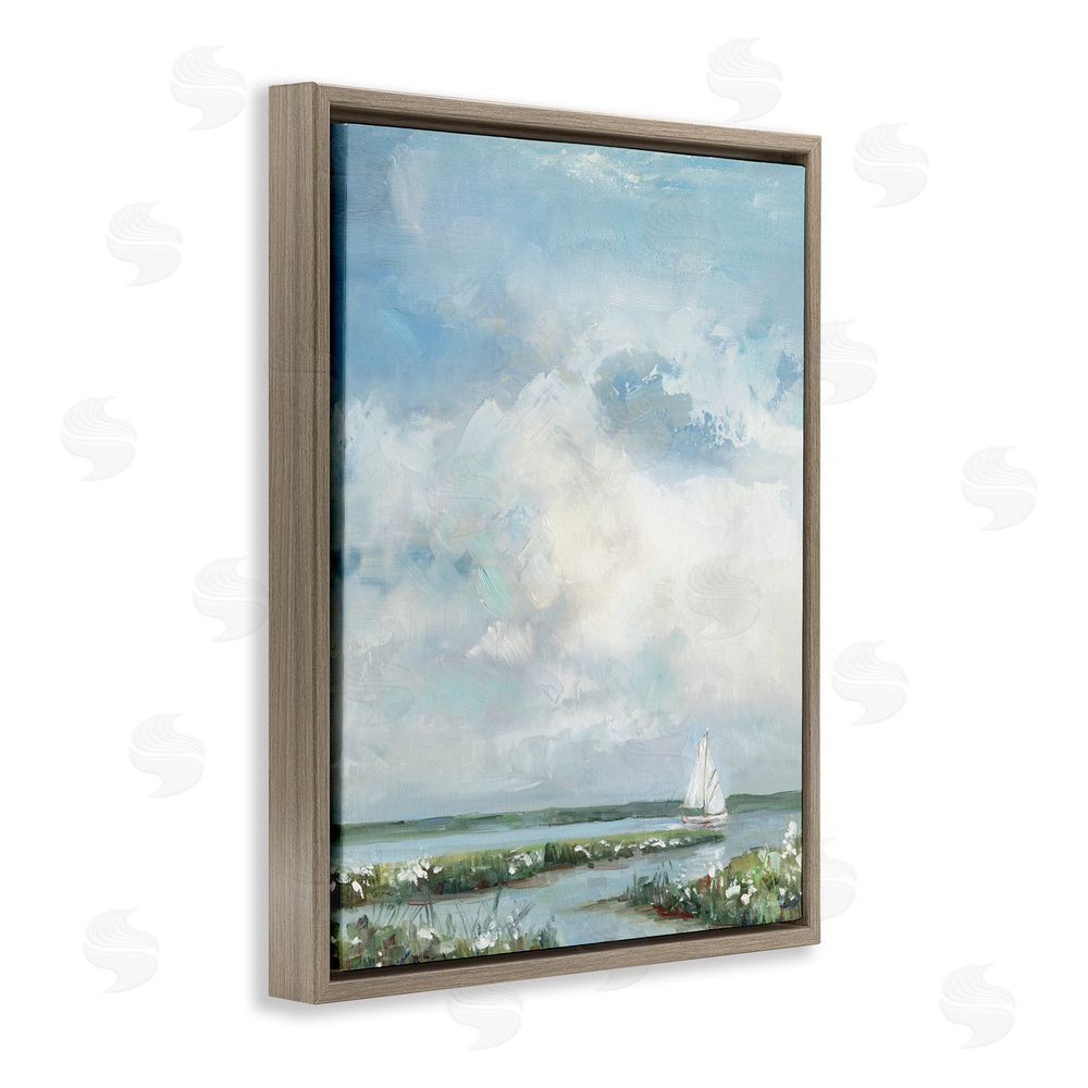 Sally Swatland Sailboat On Summer Marsh Brown Floating Frame Canvas Wall Art Print
