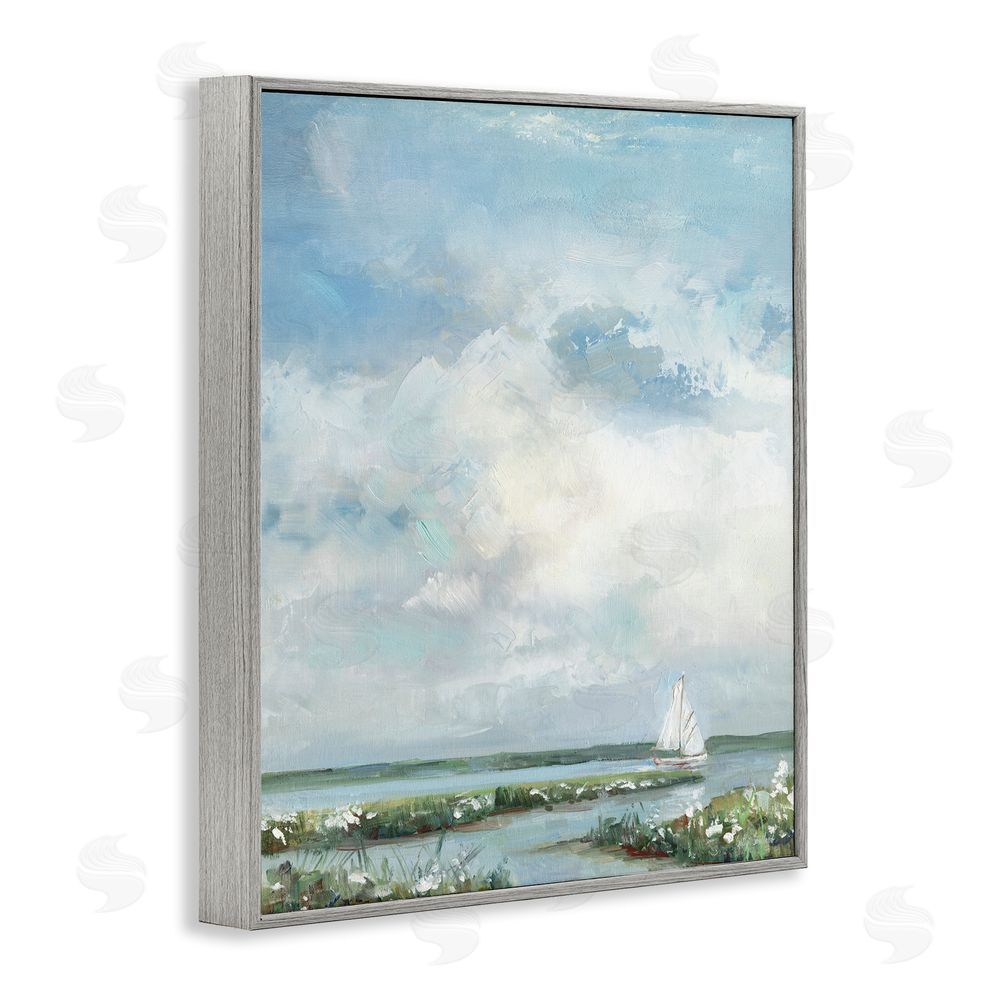 Sally Swatland Sailboat On Summer Marsh Gray Framed Giclee Wall Art Print