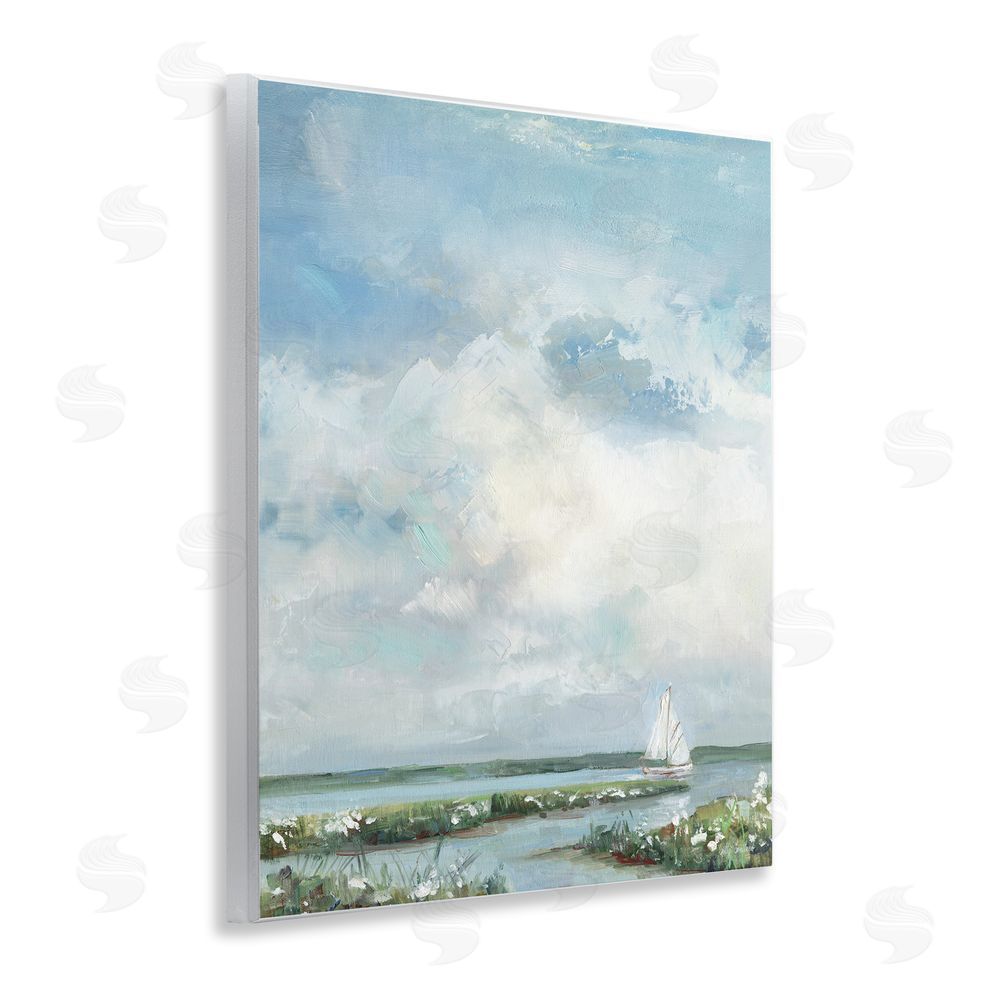 Sally Swatland Sailboat On Summer Marsh Wooden Wall Plaque Art Print