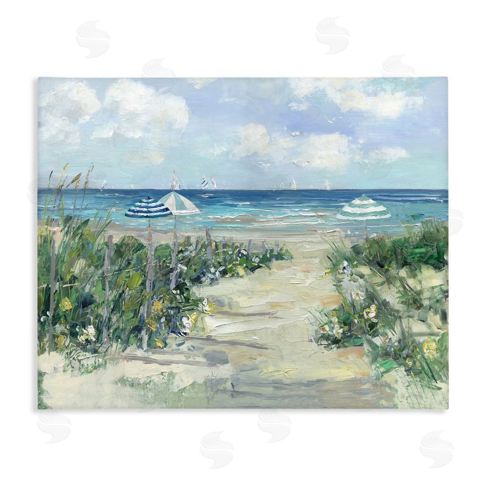 Sally Swatland Seaside Path To Striped Umbrellas Stretched Canvas Wall Art Print