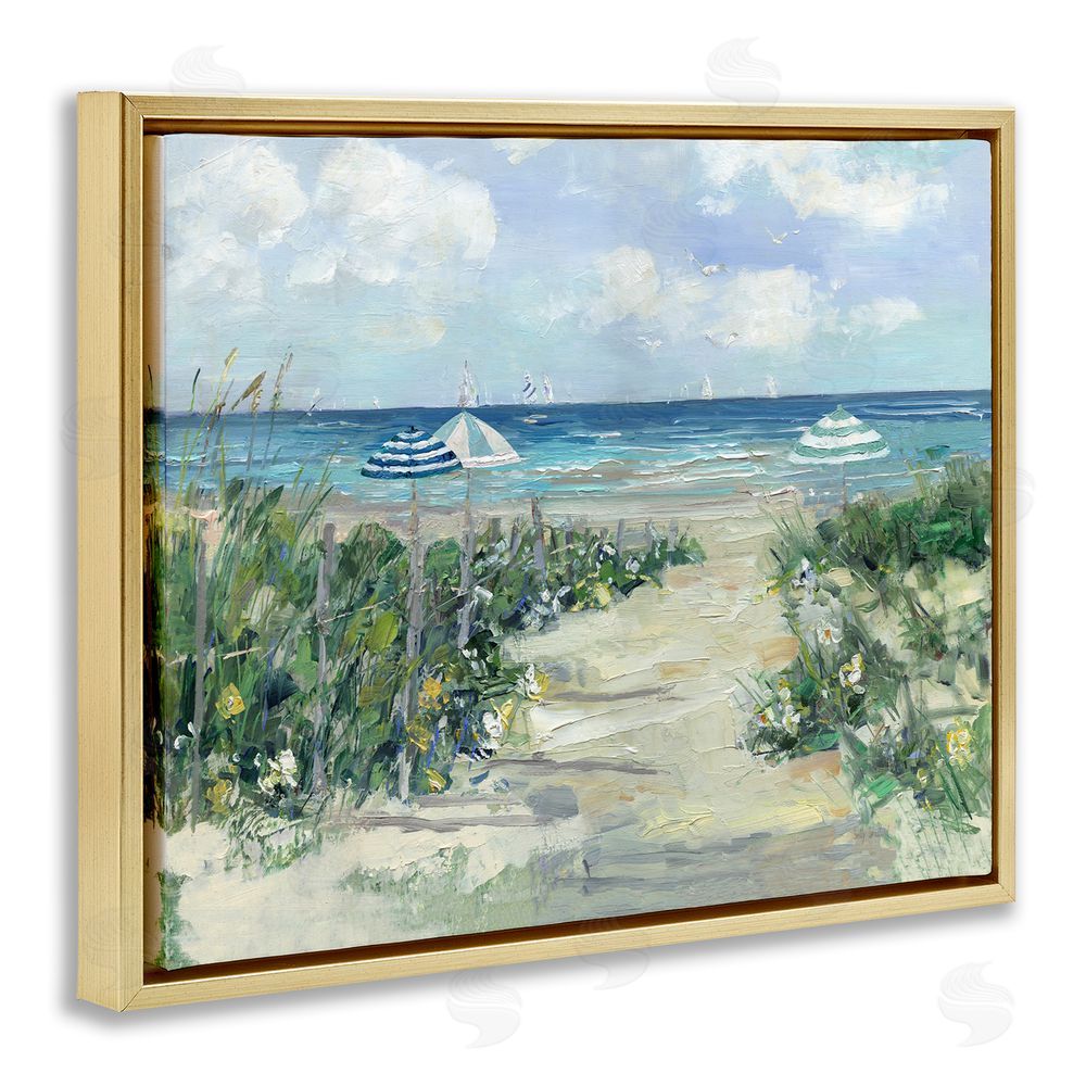 Sally Swatland Seaside Path To Striped Umbrellas Gold Floating Frame Canvas Wall Art Print