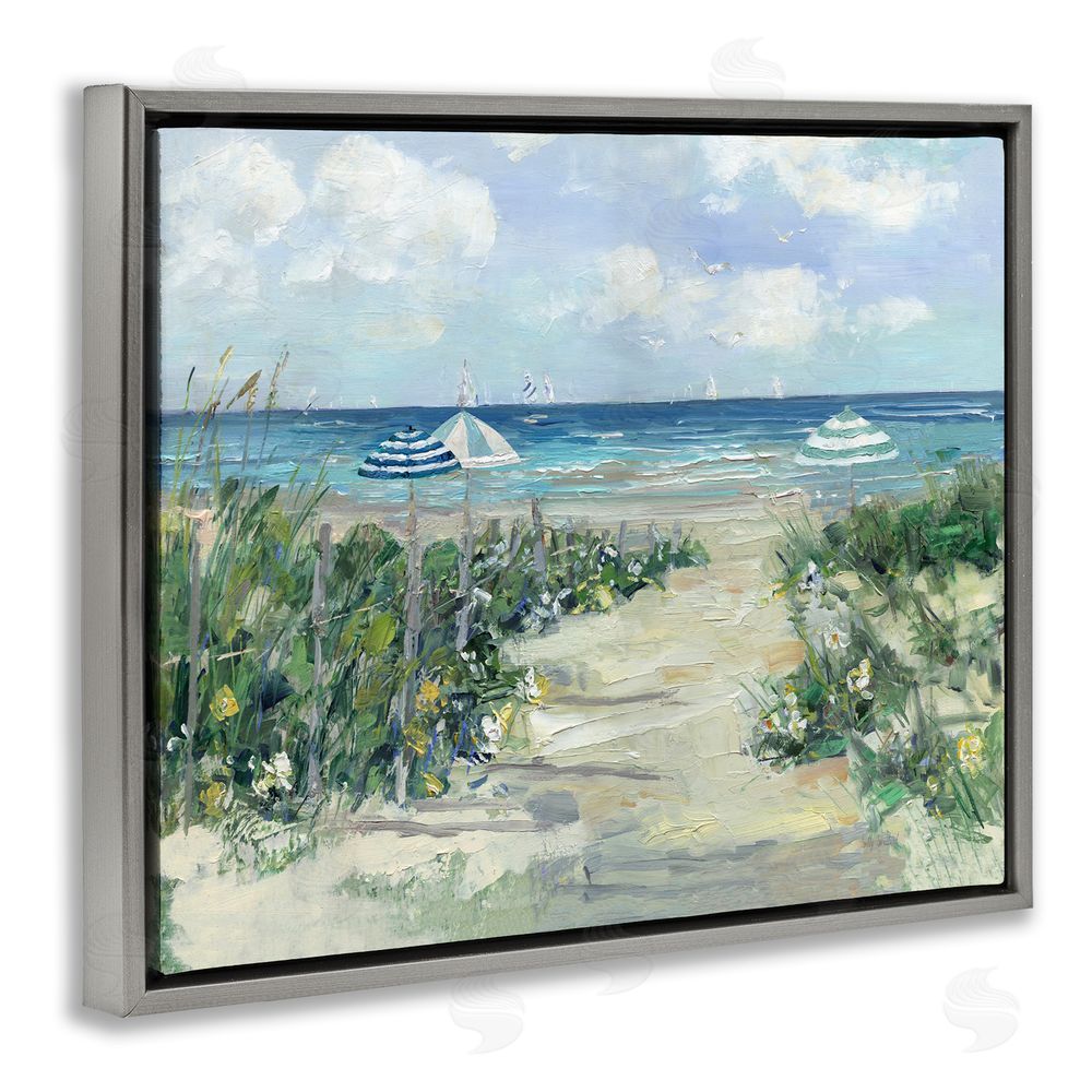 Sally Swatland Seaside Path To Striped Umbrellas Gray Floating Frame Canvas Wall Art Print