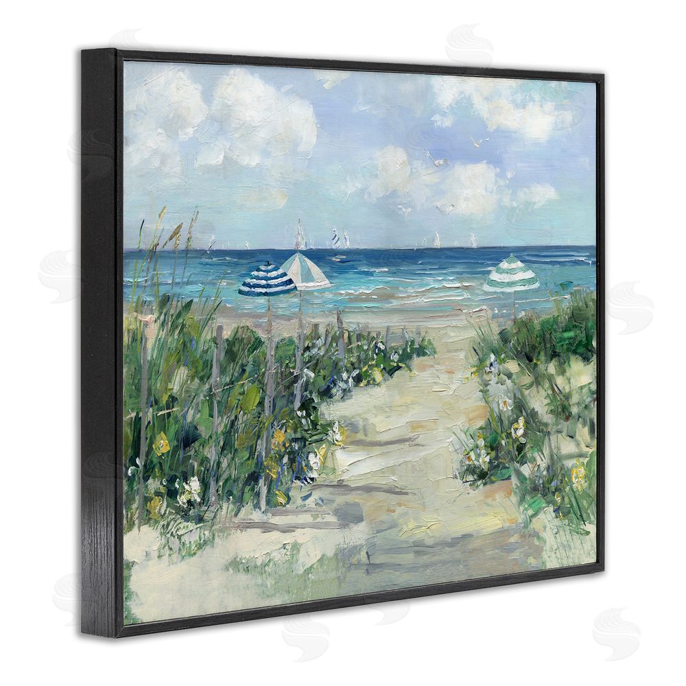 Sally Swatland Seaside Path To Striped Umbrellas Black Framed Giclee Wall Art Print