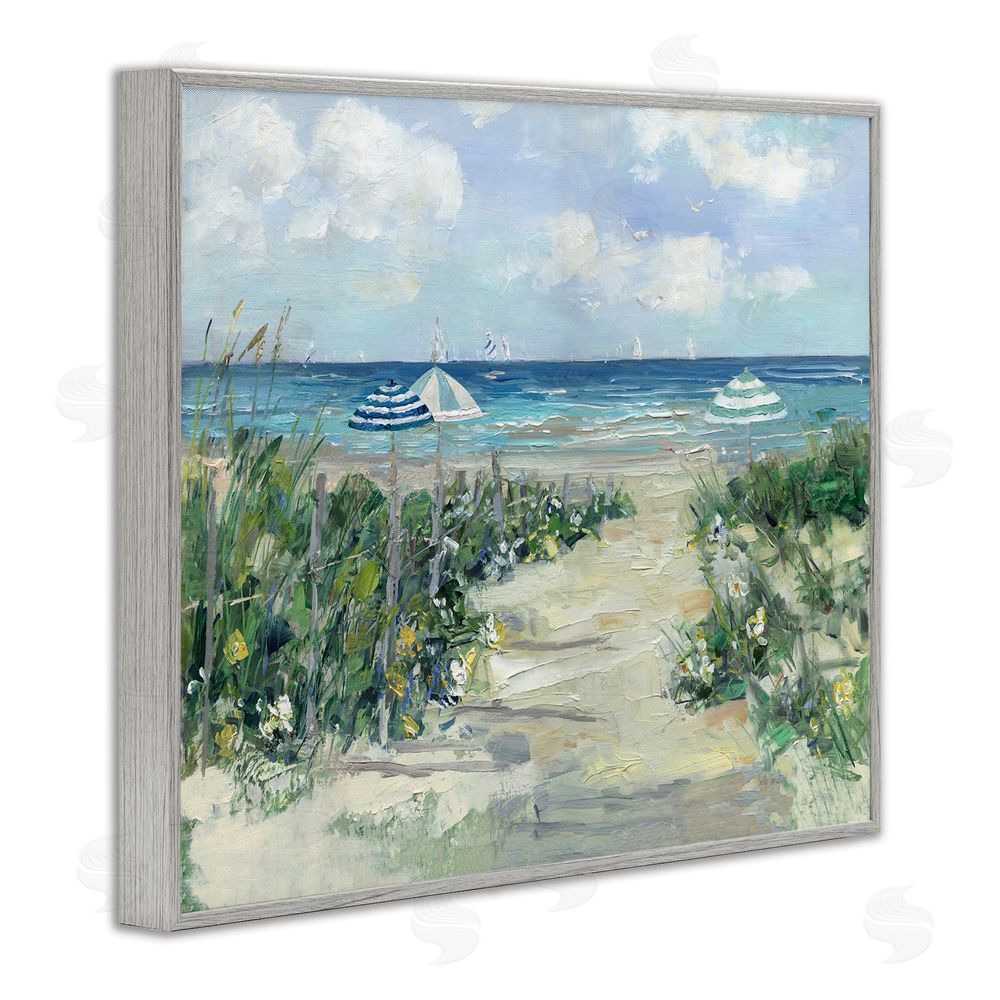 Sally Swatland Seaside Path To Striped Umbrellas Gray Framed Giclee Wall Art Print