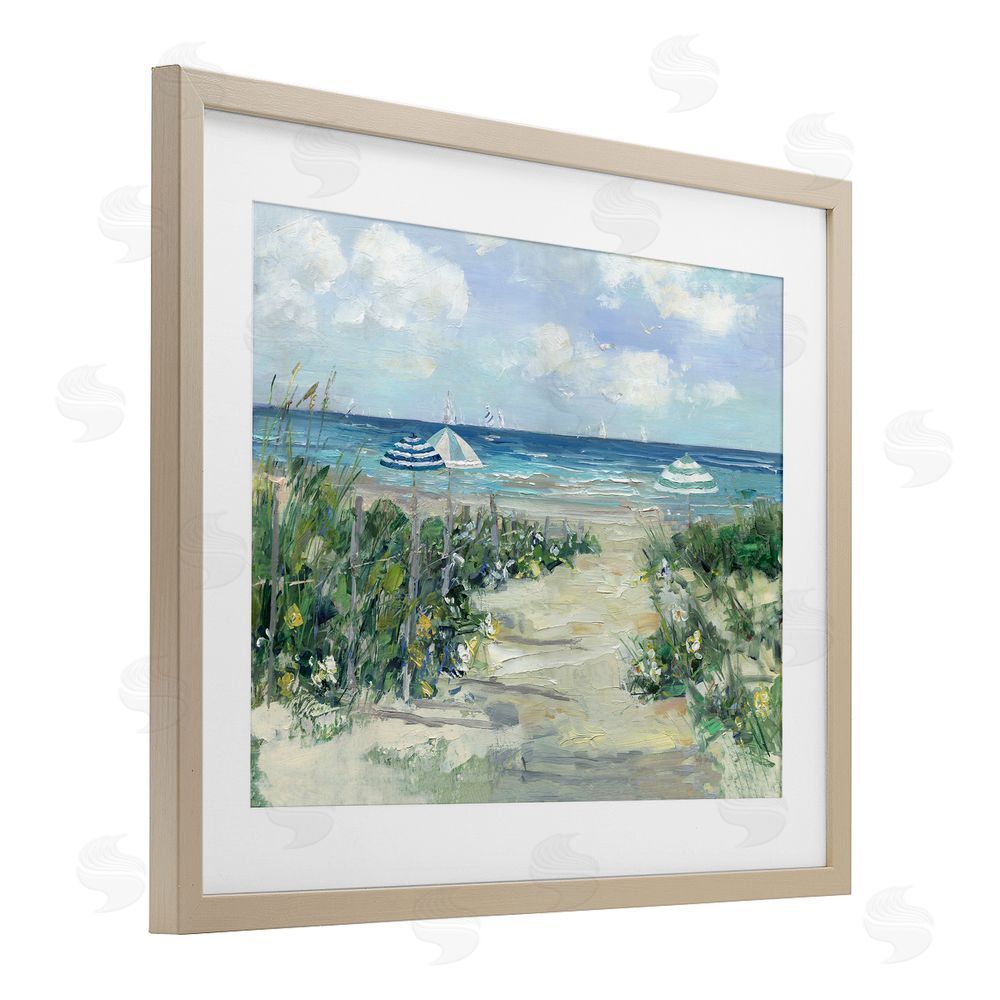 Sally Swatland Seaside Path To Striped Umbrellas Brown Framed Print Under Glass Wall Art