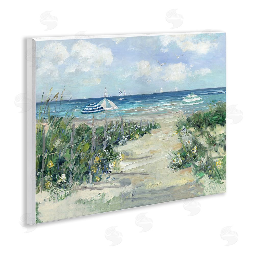 Sally Swatland Seaside Path To Striped Umbrellas Wooden Wall Plaque Art Print
