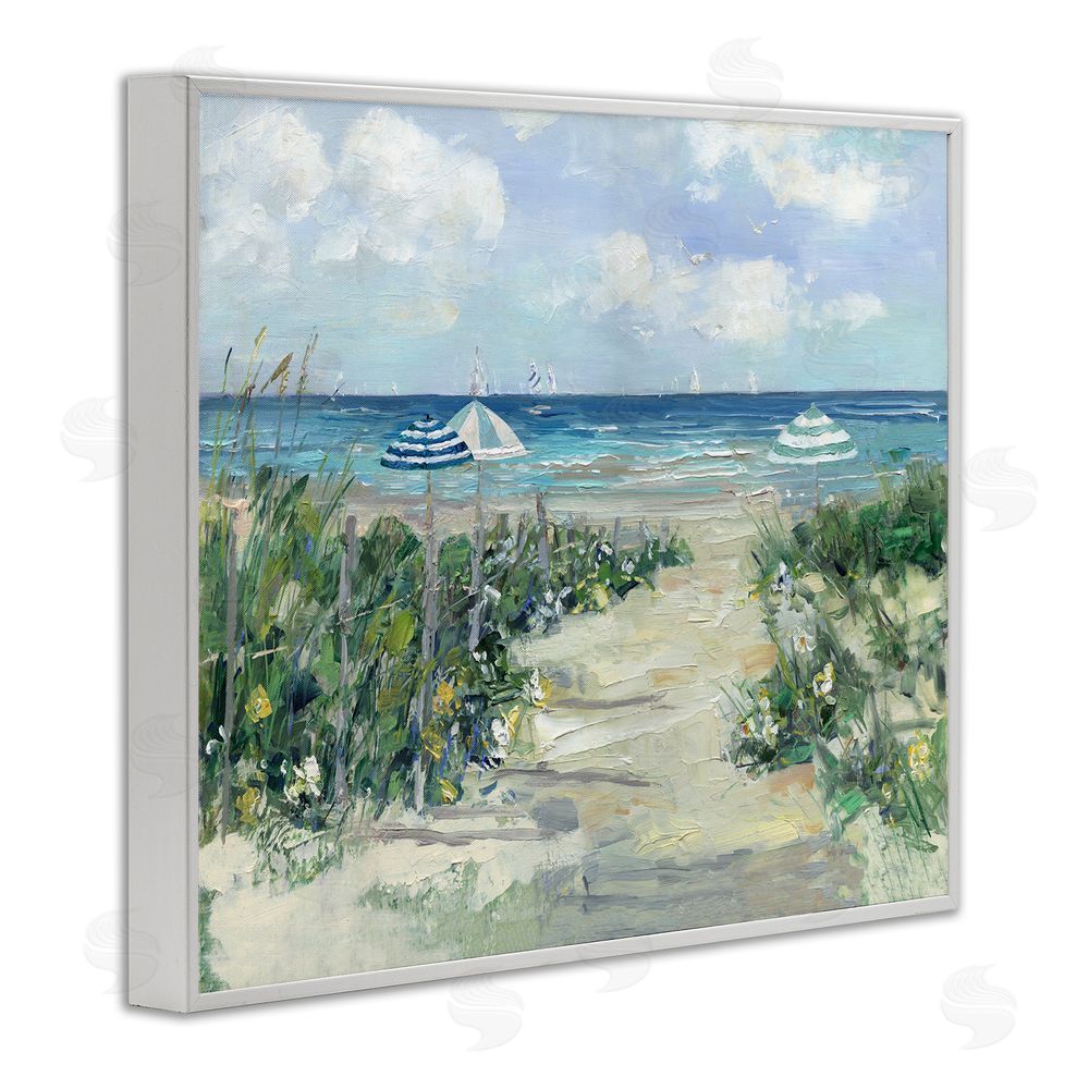Sally Swatland Seaside Path To Striped Umbrellas White Framed Giclee Wall Art Print