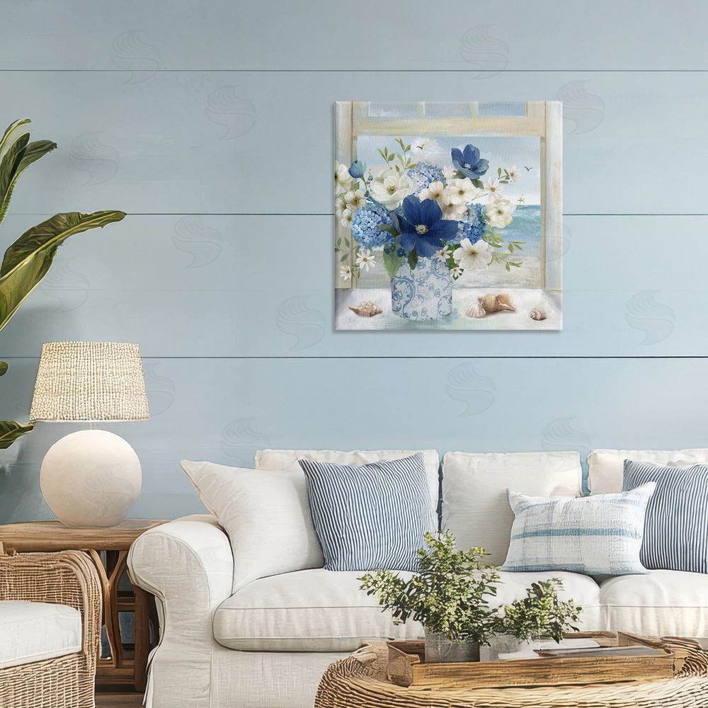 Nan Seaside Blue & White Arrangement Stretched Canvas Wall Art in Room