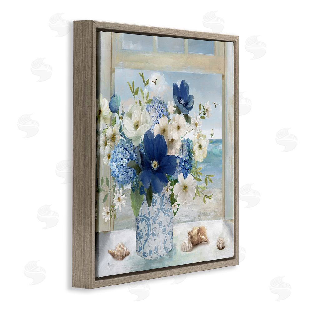 Nan Seaside Blue & White Arrangement Brown Floating Frame Canvas Wall Art Print