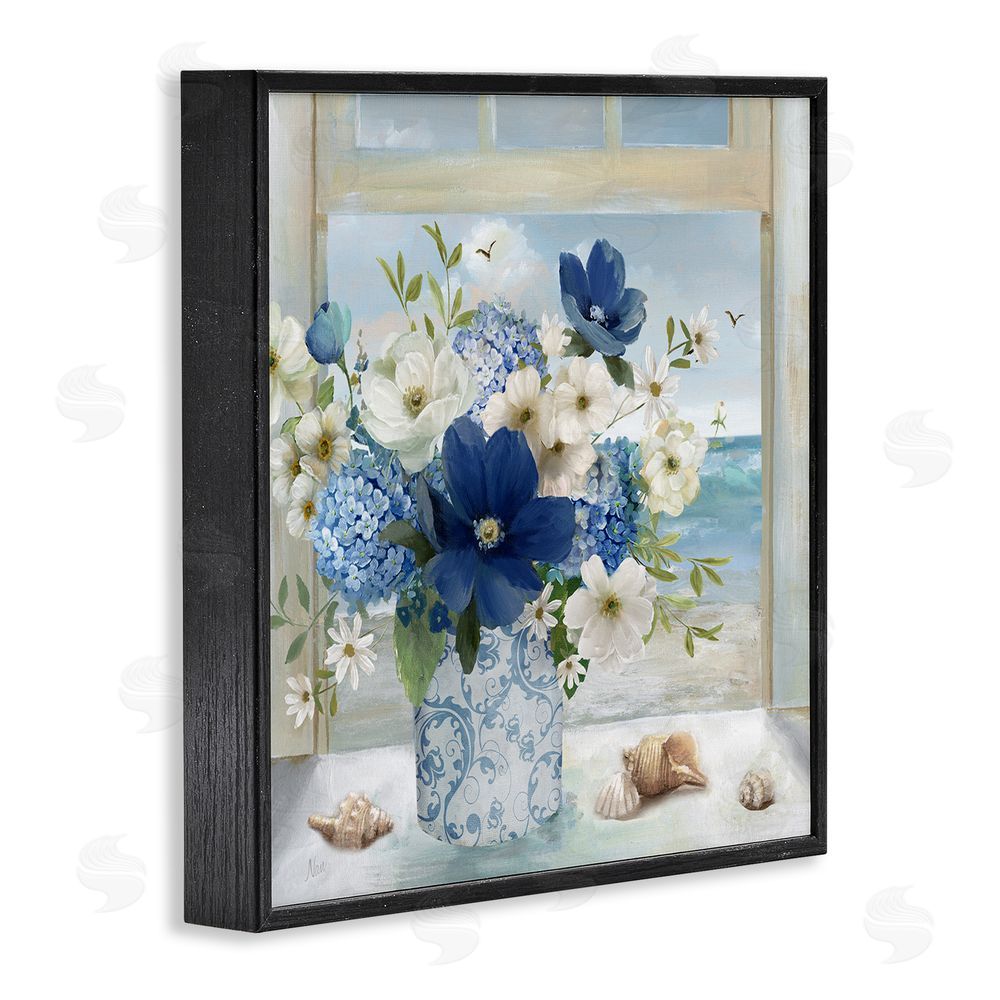 Nan Seaside Blue & White Arrangement Black Framed Giclee Wall Art Print