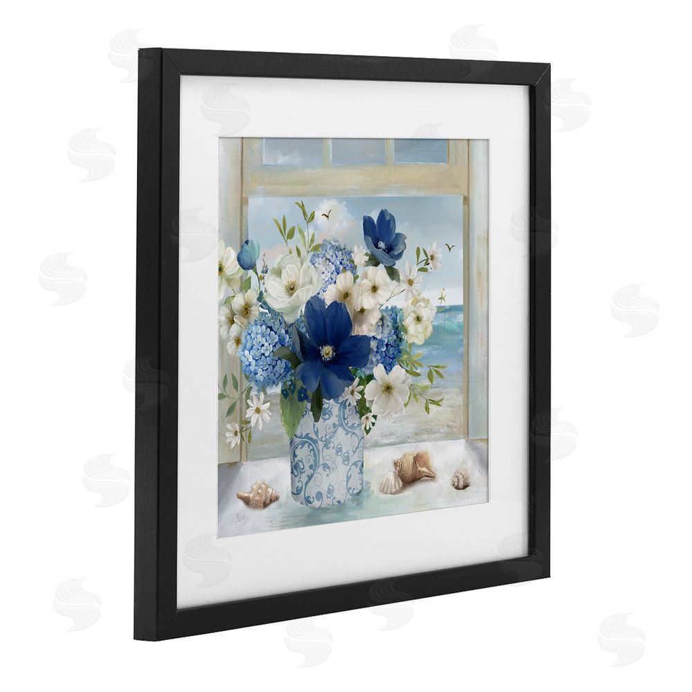 Nan Seaside Blue & White Arrangement Black Framed Print Under Glass Wall Art