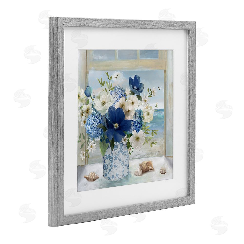 Nan Seaside Blue & White Arrangement Gray Framed Print Under Glass Wall Art