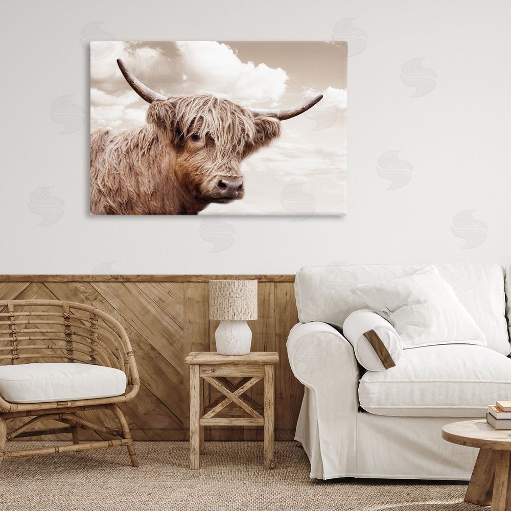 CAD Designs Shaggy Highland Cow & Clouds Stretched Canvas Wall Art in Room