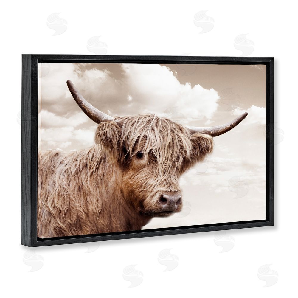 CAD Designs Shaggy Highland Cow & Clouds Black Floating Frame Canvas Wall Art Print