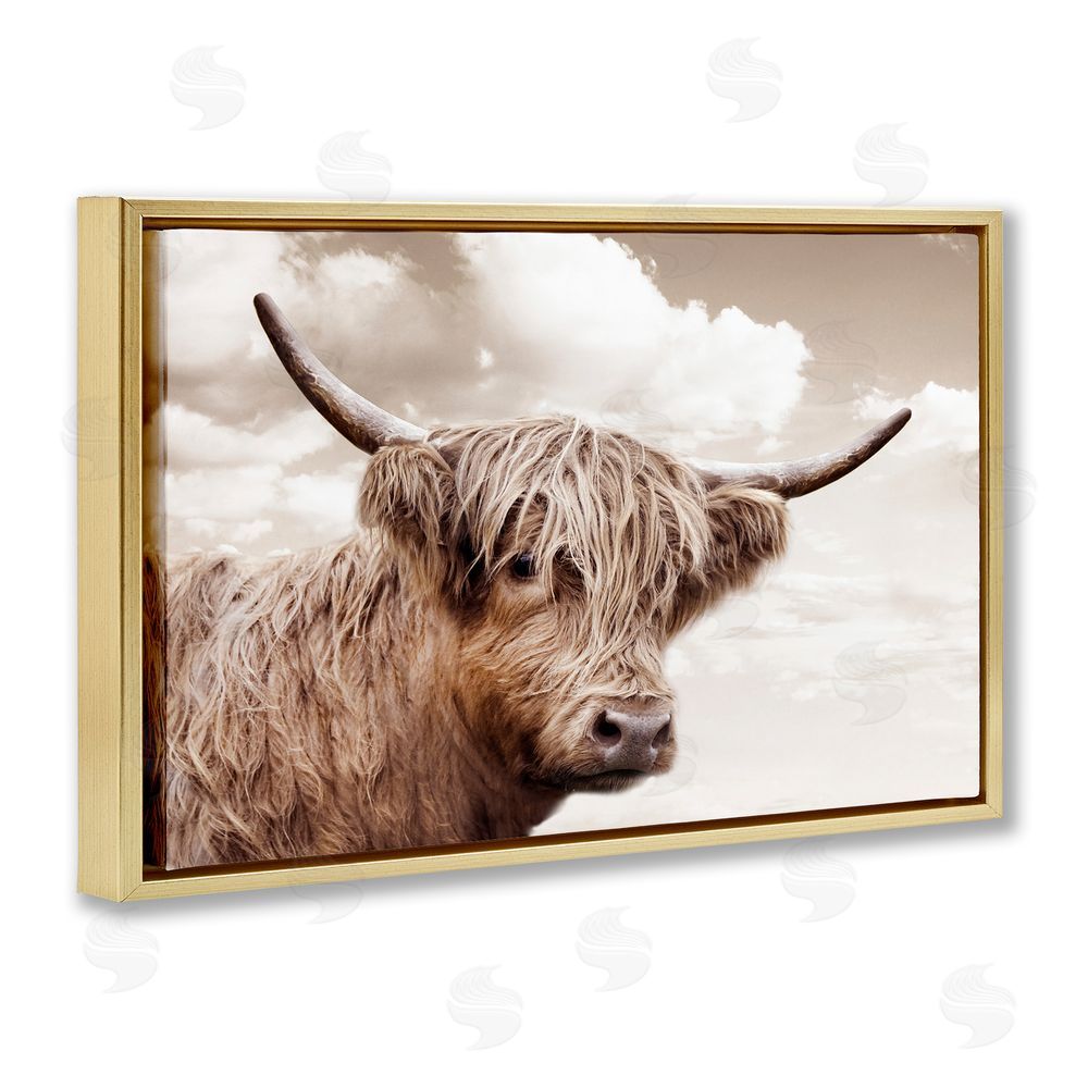 CAD Designs Shaggy Highland Cow & Clouds Gold Floating Frame Canvas Wall Art Print