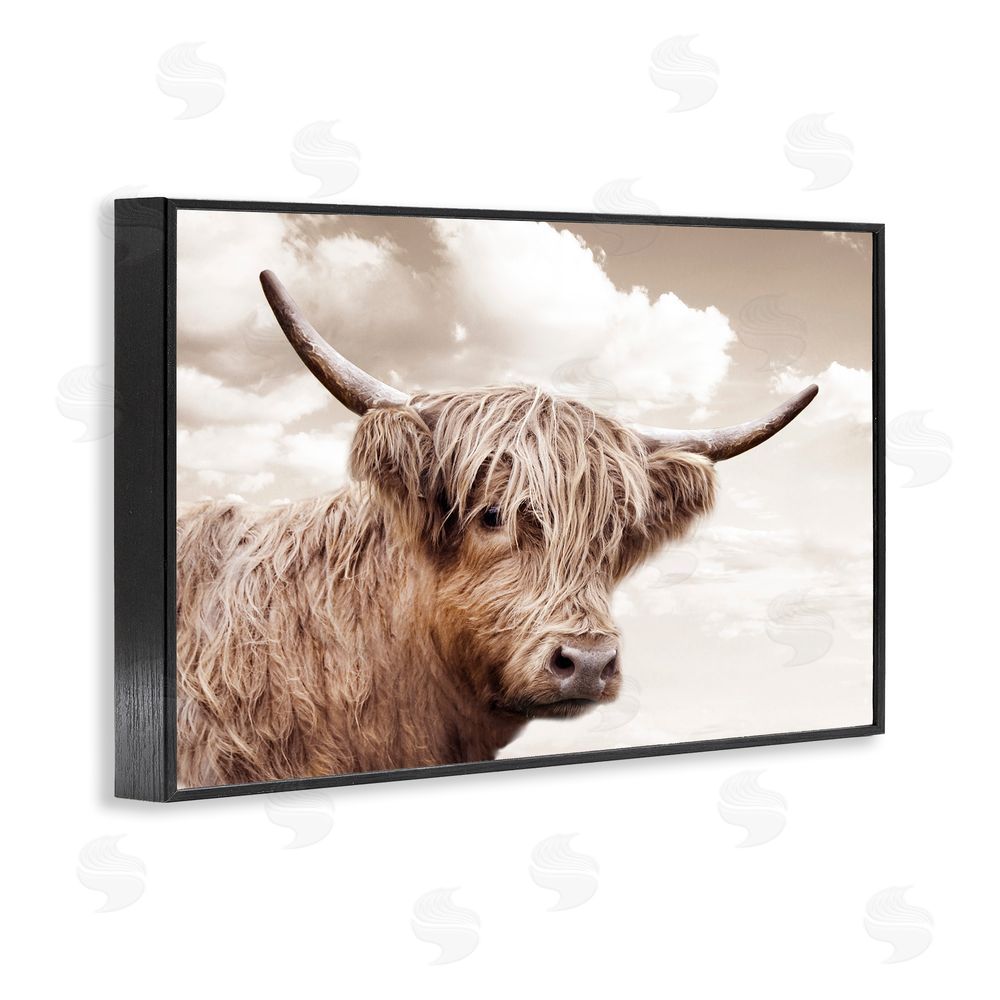 CAD Designs Shaggy Highland Cow & Clouds Black Framed Giclee Wall Art Print